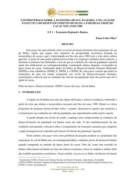 Controvérsias Sobre a Economia Do Sul Da Bahia: Uma Análise Evolutiva Do Desenvolvimento Humano a Partir Da Crise Do Cacau Nos Anos 1980