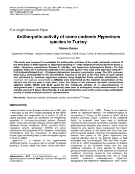 Antiherpetic Activity of Some Endemic Hypericum Species in Turkey