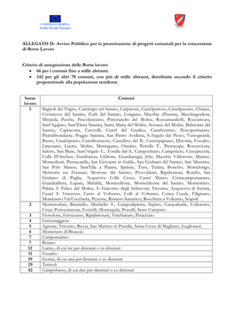 Criterio Di Assegnazione Delle Borse Lavoro: • 66 Per I Comuni Fino a Mille Abitanti