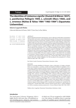 The Identities of Liolaemus Signifer(Duméril & Bibron 1837)