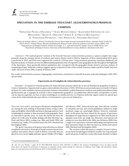 Speciation in the Emerald Toucanet (Aulacorhynchus Prasinus) Complex