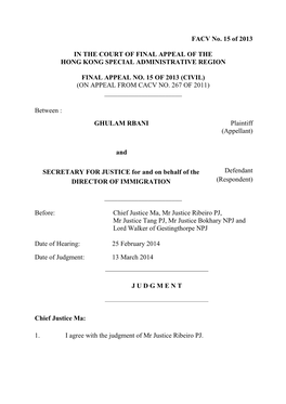 FACV No. 15 of 2013 in the COURT of FINAL APPEAL of the HONG