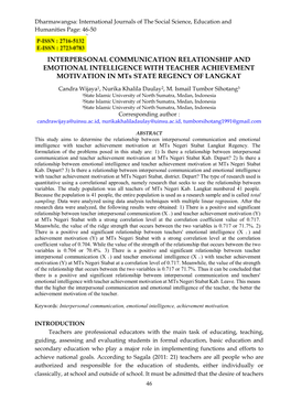 INTERPERSONAL COMMUNICATION RELATIONSHIP and EMOTIONAL INTELLIGENCE with TEACHER ACHIEVEMENT MOTIVATION in Mts STATE REGENCY of LANGKAT