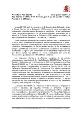 Proyecto De Real Decreto ,De , Por El Que Se Modifica El Real Decreto 314/2006, De 17 De Marzo, Por El Que Se Aprueba El Código Técnico De La Edificación