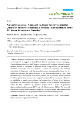 An Ecotoxicological Approach to Assess the Environmental Quality of Freshwater Basins: a Possible Implementation of the EU Water Framework Directive?