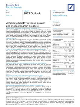 2013 Outlook 10 December 2012 Health Care Industry Update