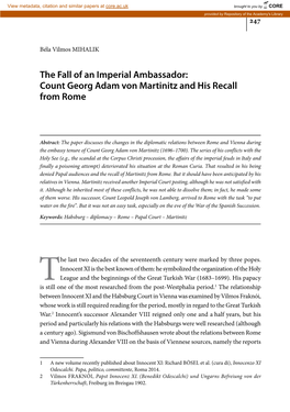 The Fall of an Imperial Ambassador: Count Georg Adam Von Martinitz and His Recall from Rome