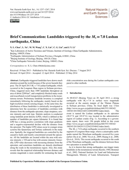 Landslides Triggered by the Ms =7.0 Lushan Earthquake, China