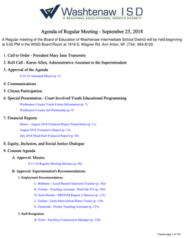 Agenda of Regular Meeting - September 25, 2018