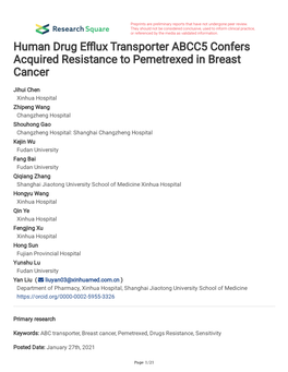 Human Drug E Ux Transporter ABCC5 Confers Acquired Resistance To