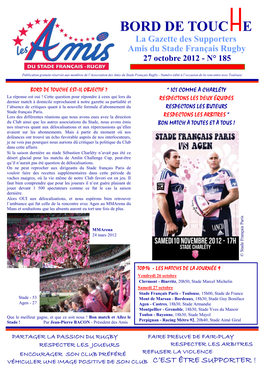 BORD DE TOUC E La Gazette Des Supporters Amis Du Stade Français Rugby 27 Octobre 2012 - N° 185