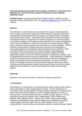 Community-Based Groundwater and Ecosystem Restoration in Semi-Arid North Rajasthan (1): Socio-Economic Progress and Lessons for Groundwater- Dependent Areas