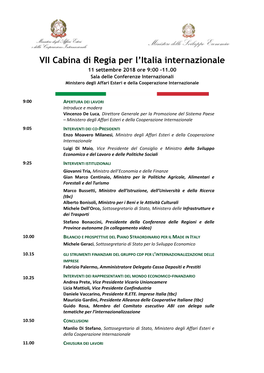 VII Cabina Di Regia Per L'italia Internazionale