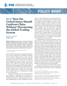 Policy Brief 18-17: How the United States Should Confront China Without Threatening the Global Trading System