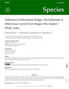 (Orchidaceae): a Little Known Orchid from Alagar Hills, Eastern Ghats, India