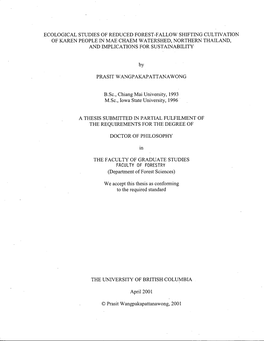 Ecological Studies of Reduced Forest-Fallow Shifting Cultivation of Karen People in Mae Chaem Watershed, Northern Thailand, and Implications for Sustain Ability