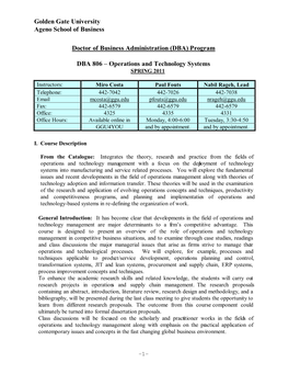 Golden Gate University Ageno School of Business Doctor of Business Administration (DBA) Program DBA 806 – Operations and Techn