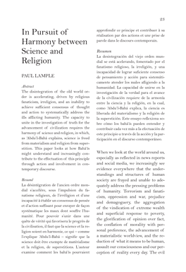 In Pursuit of Harmony Between Science and Religion 25 Were Necessarily Touched Upon Indi- the Fundamental Purpose Animat- Rectly and Very Generally at That Time