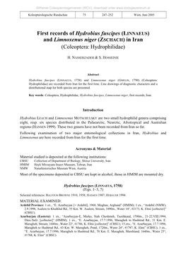 First Records of Hydrobius Fuscipes (LINNAEUS) and Limnoxenus Niger (ZSCHACH) in Iran (Coleoptera: Hydrophilidae)