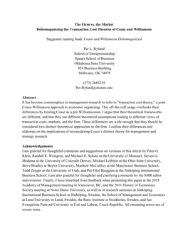 The Firm Vs. the Market Dehomogenizing the Transaction Cost Theories of Coase and Williamson