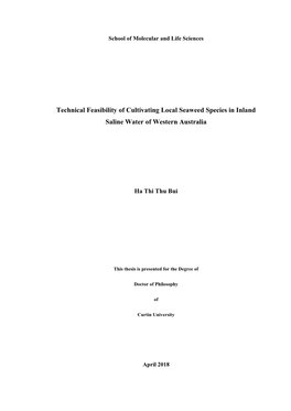 Technical Feasibility of Cultivating Local Seaweed Species in Inland Saline Water of Western Australia