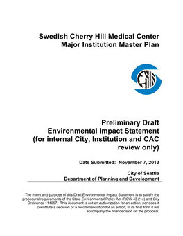 Swedish Cherry Hill Medical Center Major Institution Master Plan Preliminary Draft Environmental Impact Statement