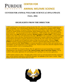 Center for Animal Welfare Science Center for Animal Welfare Science (Caws) Update Fall, 2016