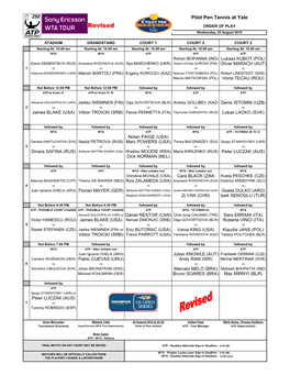 Revised ORDER of PLAY Wednesday, 25 August 2010