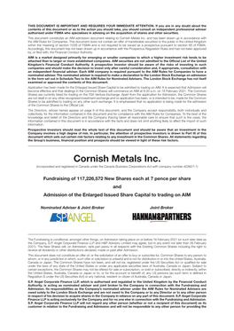 AIM Admission Document Relating to Cornish Metals Inc