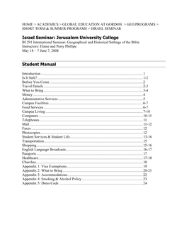 Israel Seminar: Jerusalem University College Student Manual