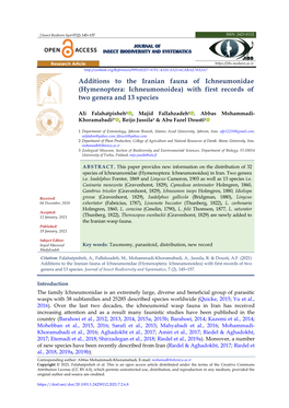 Additions to the Iranian Fauna of Ichneumonidae (Hymenoptera: Ichneumonoidea) with First Records of Two Genera and 13 Species