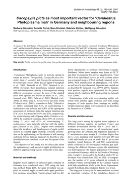 Cacopsylla Picta As Most Important Vector for 'Candidatus Phytoplasma Mali' in Germany and Neighbouring Regions