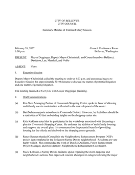 CITY of BELLEVUE CITY COUNCIL Summary Minutes of Extended