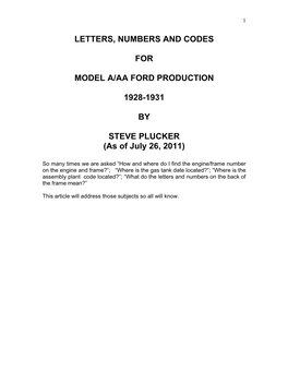 Letters, Numbers and Codes for Model A/Aa Ford