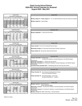 School Calendar for Students* August 2020 - May 2021