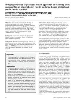 A Team Approach to Teaching Skills Required for an Informationist Role in Evidence-Based Clinical and Public Health Practice*†