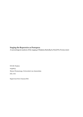 Staging the Repertoire As Postopera a Narratological Analysis of the Staging of Madama Butterfly by Hotel Pro Forma (2017)