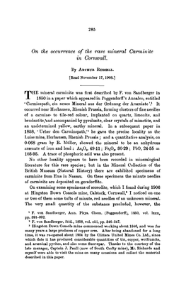 On the Occurrence of the Rare Mineral Carminite in Cornwall