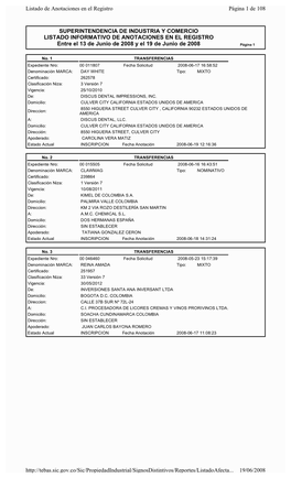 SUPERINTENDENCIA DE INDUSTRIA Y COMERCIO LISTADO INFORMATIVO DE ANOTACIONES EN EL REGISTRO Entre El 13 De Junio De 2008 Y El 19 De Junio De 2008 Página 1