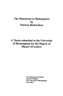 The Monstrous in Shakespeare by Patricia Richardson