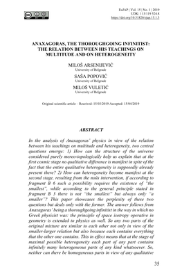 Anaxagoras, the Thoroughgoing Infinitist: the Relation Between His Teachings on Multitude and on Heterogeneity