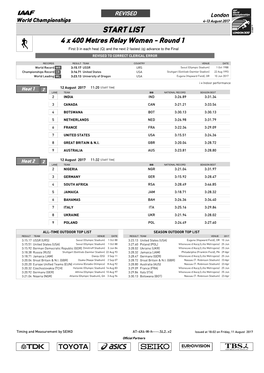 START LIST 4 X 400 Metres Relay Women - Round 1 First 3 in Each Heat (Q) and the Next 2 Fastest (Q) Advance to the Final REVISED to CORRECT CLERICAL ERROR