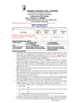 BHARAT COKING COAL LIMITED (A Subsidiary of Coal India Limited) OFFICE of the GENERAL MANAGER Lodna Area, PO- Bhaga DIST.-DHANBAD – 828301 Camp Office, Qtr No