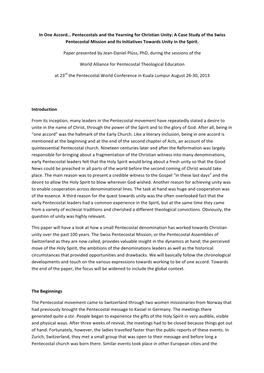 In One Accord… Pentecostals and the Yearning for Christian Unity: a Case Study of the Swiss Pentecostal Mission and Its Initiatives Towards Unity in the Spirit