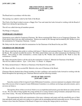 JANUARY 2, 2001 1 ORGANIZATIONAL MEETING WEDNESDAY, JANUARY 2, 2001 1:30 PM the Board Met in Accordance with the Rules. the Meet