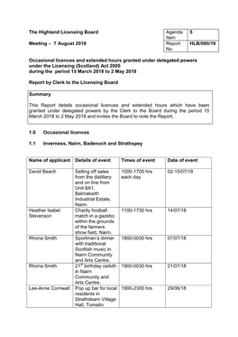 Occasional Licences and Extended Hours Granted Under Delegated Powers Under the Licensing (Scotland) Act 2005 During the Period 15 March 2018 to 2 May 2018