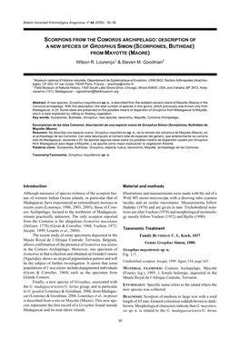 Scorpions from the Comoros Archipelago: Description of a New Species of Grosphus Simon (Scorpiones, Buthidae) from Mayotte (Maore)