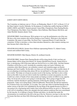 [LB405 LB435 LB450 LB622] the Committee on Judiciary Met at 1:30 P.M. on Wednesday, March 15, 2017, in Room 1113 of the State Ca