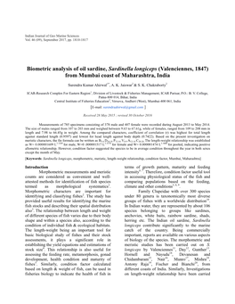 Biometric Analysis of Oil Sardine, Sardinella Longiceps (Valenciennes, 1847) from Mumbai Coast of Maharashtra, India