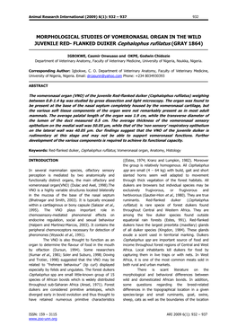 MORPHOLOGICAL STUDIES of VOMERONASAL ORGAN in the WILD JUVENILE RED- FLANKED DUIKER Cephalophus Rufilatus (GRAY 1864)